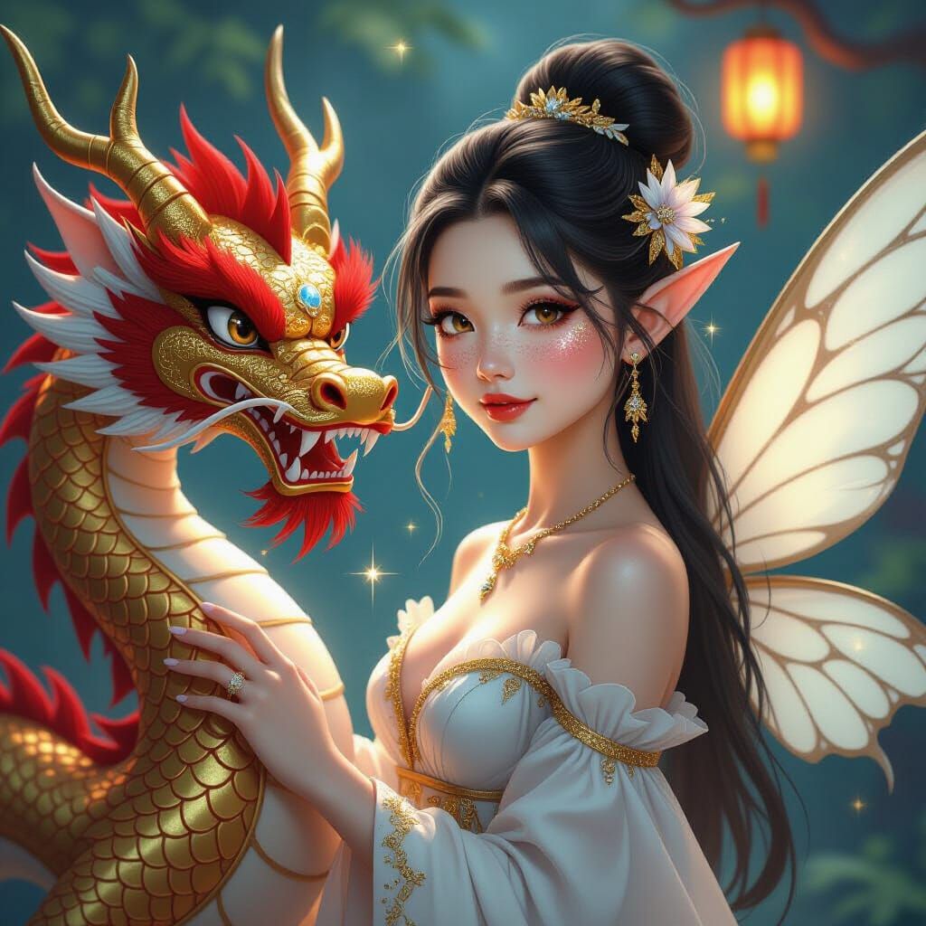 Asian Fairy and Dragon in Hyperrealistic Style