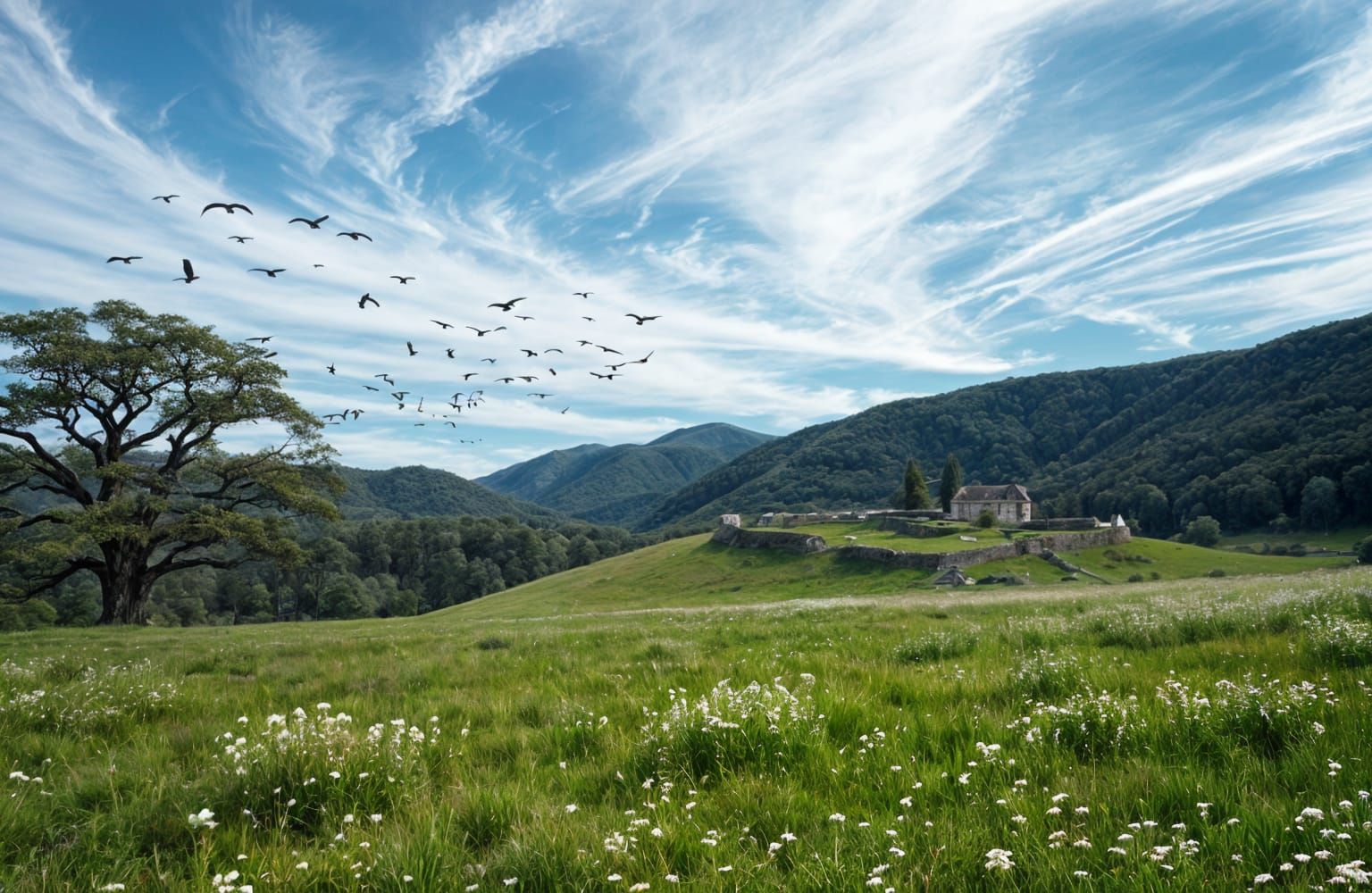 Panoramic Grassy Meadow with Stone Ruin in Realistic Style