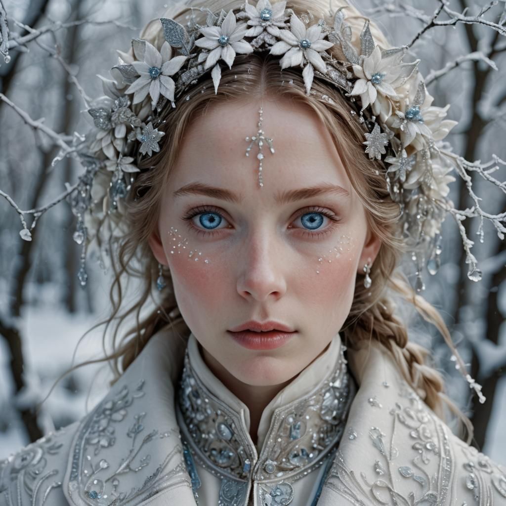 Icy Winter Fae Portrait with Silver Embroidery
