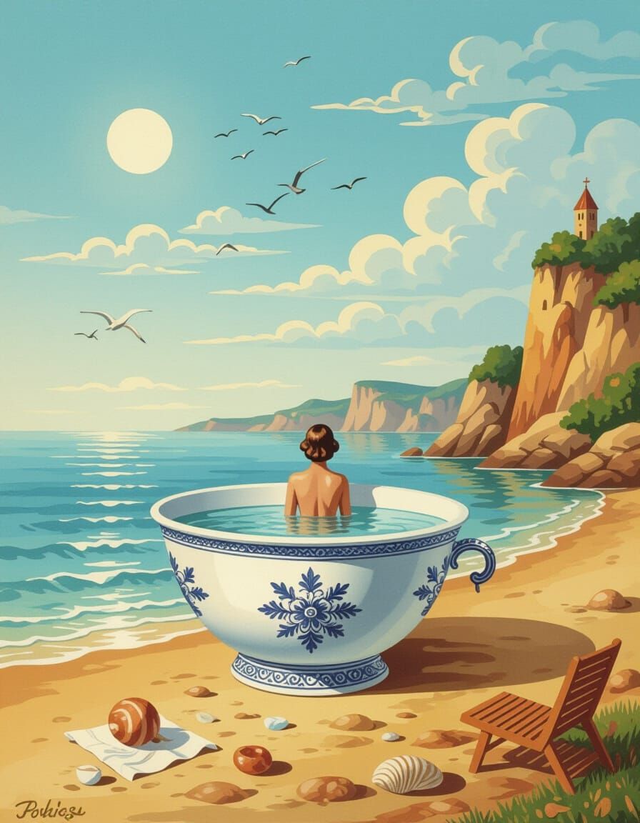 Surreal Beach Sunset with Giant Porcelain Sink Pool