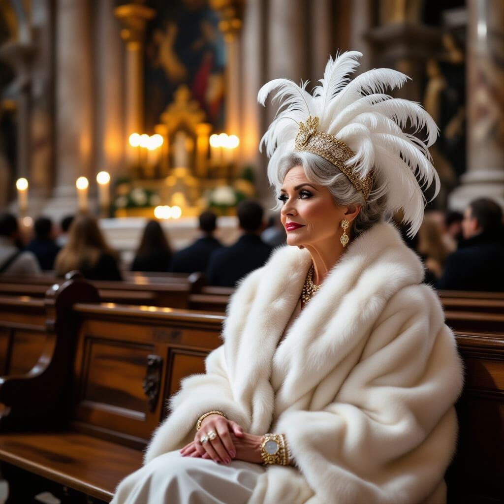 A billionaire's widow in church.