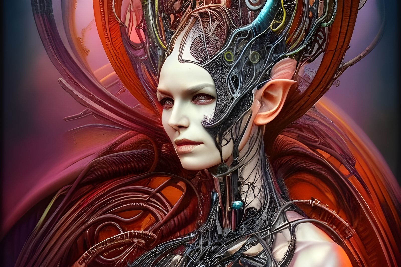 Elven Biopunk Goddess with Cybernetic Implants