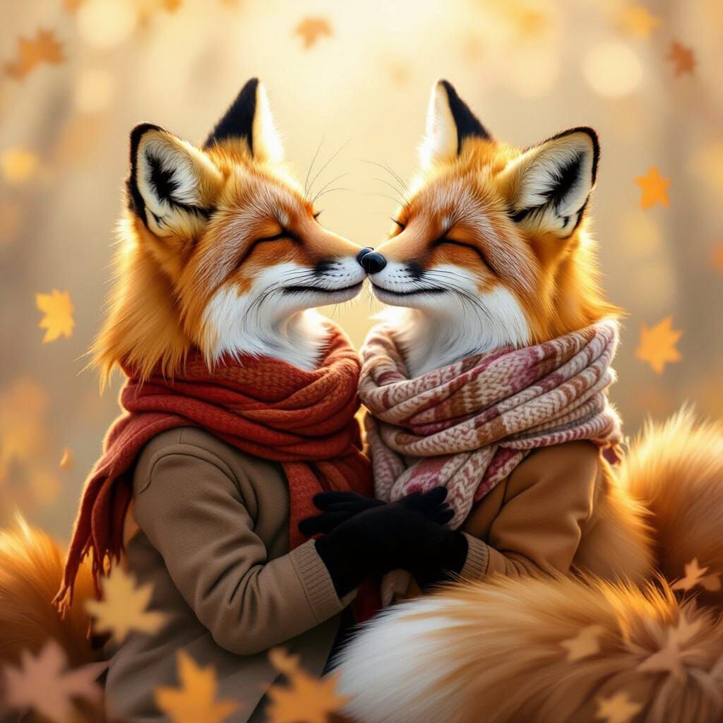 Foxes in Autumn Attire Kissing with Golden Light