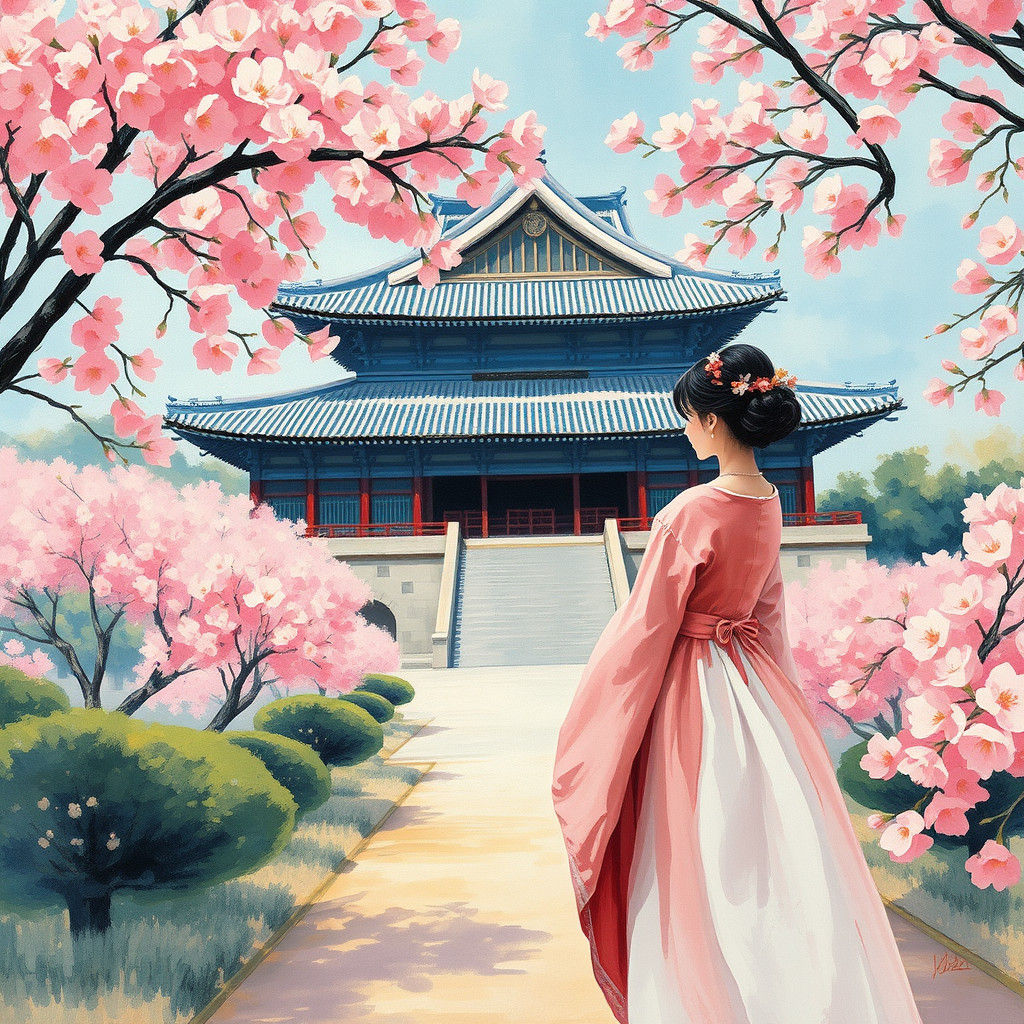 Korean Palace and Blossoms in Impressionist Style