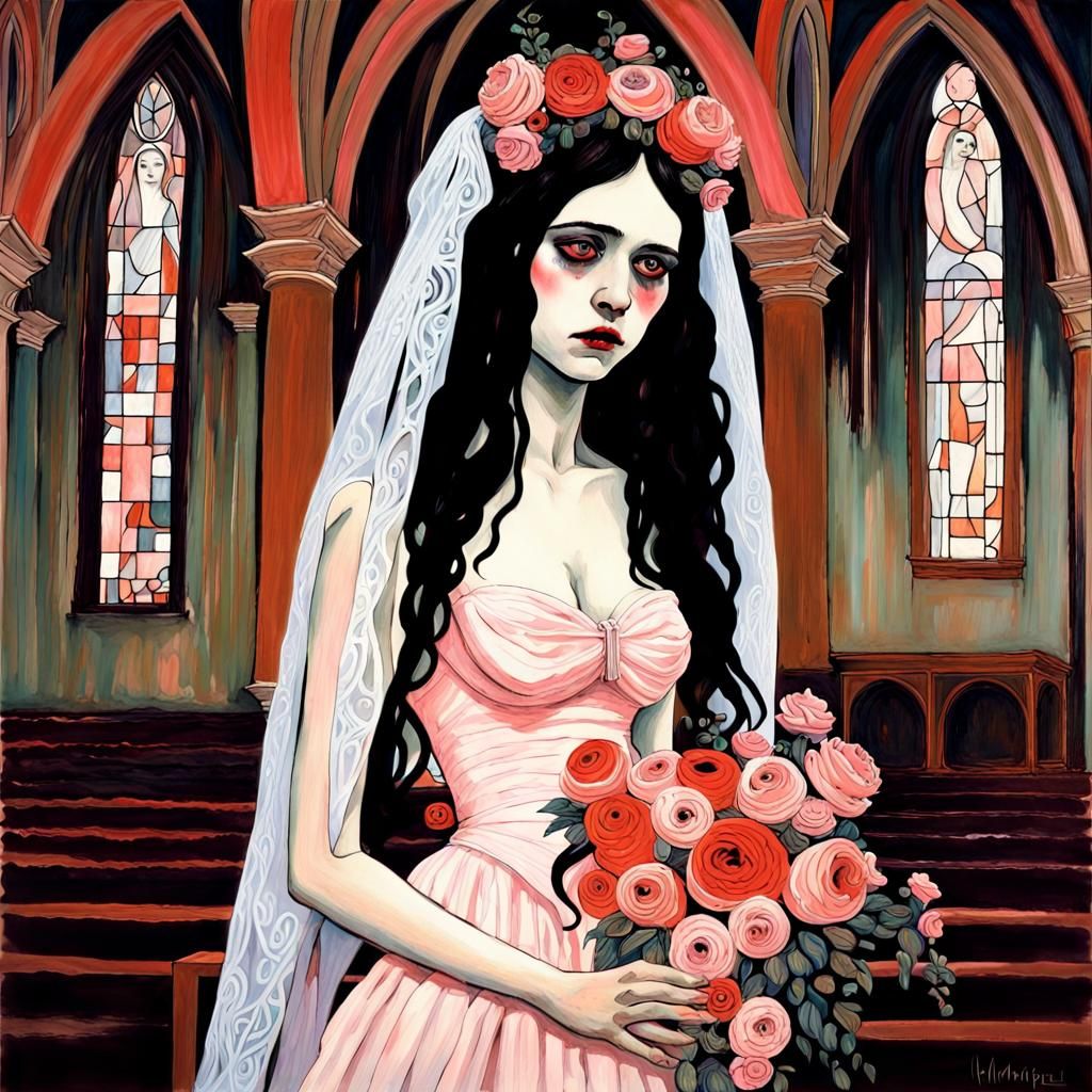 Gouache Vampire Bride Weeping at the Altar