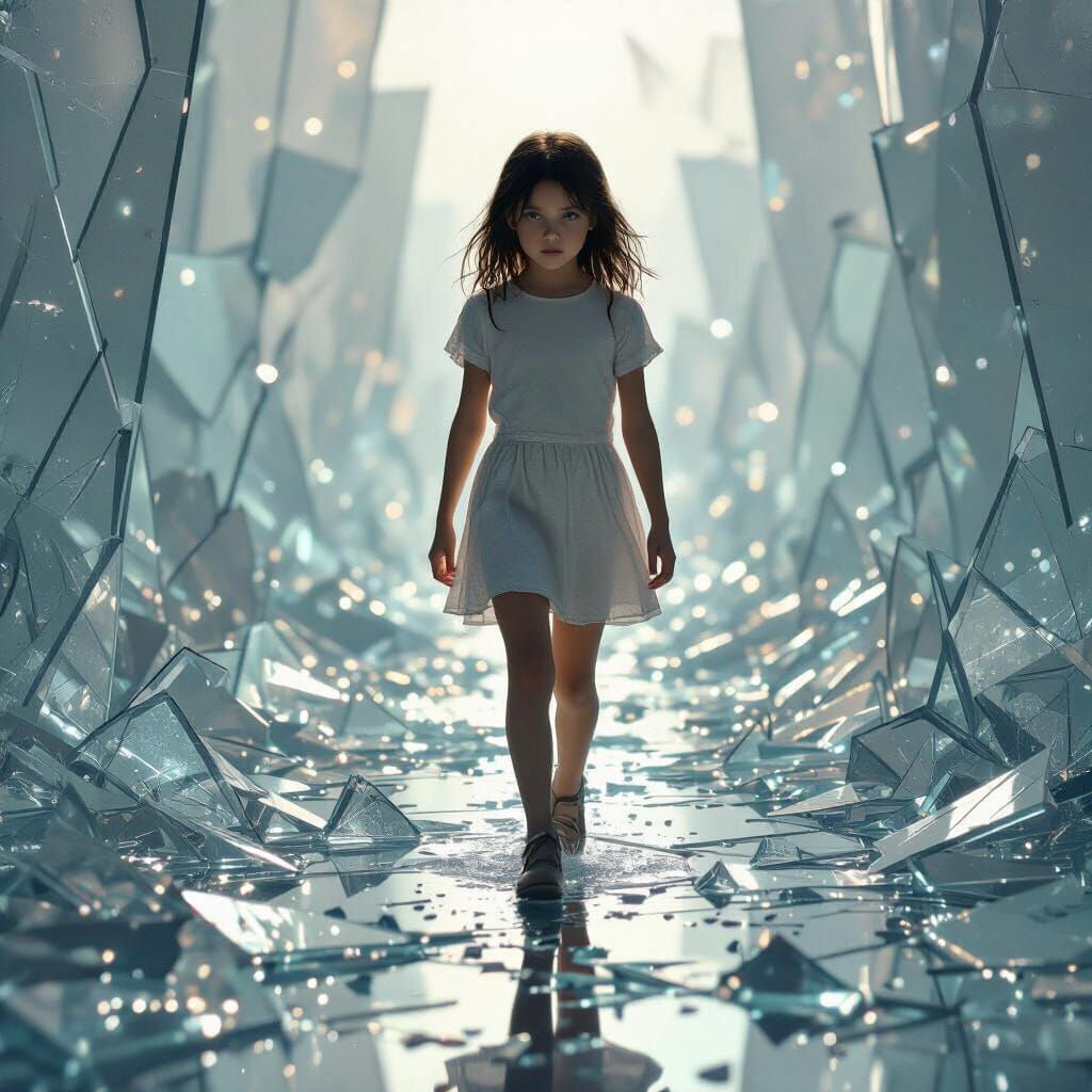 Surrealist Dreamscape: Girl Walks Through Shattered Glass