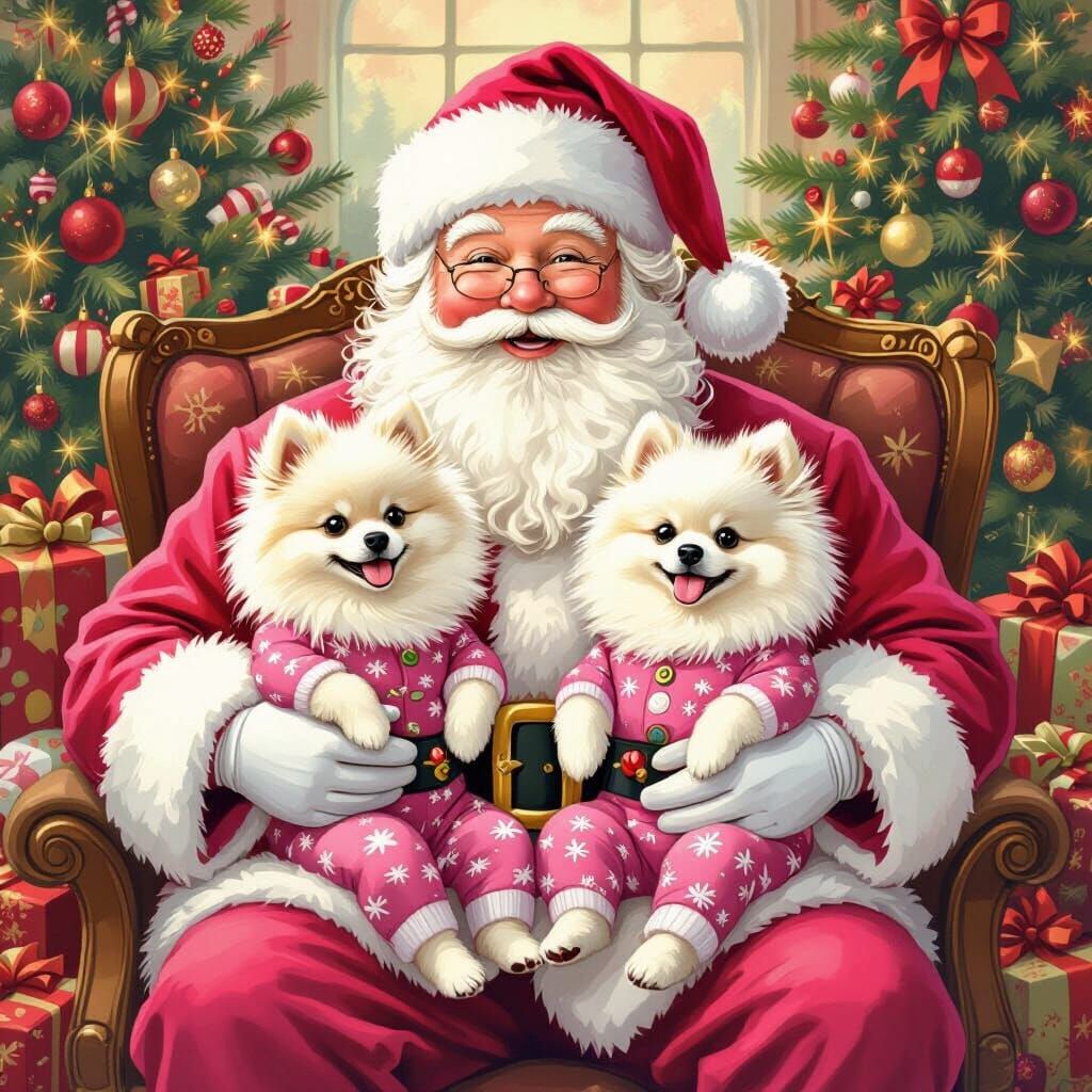 Santa Claus with Pomeranians in Pink Suit and Pajamas