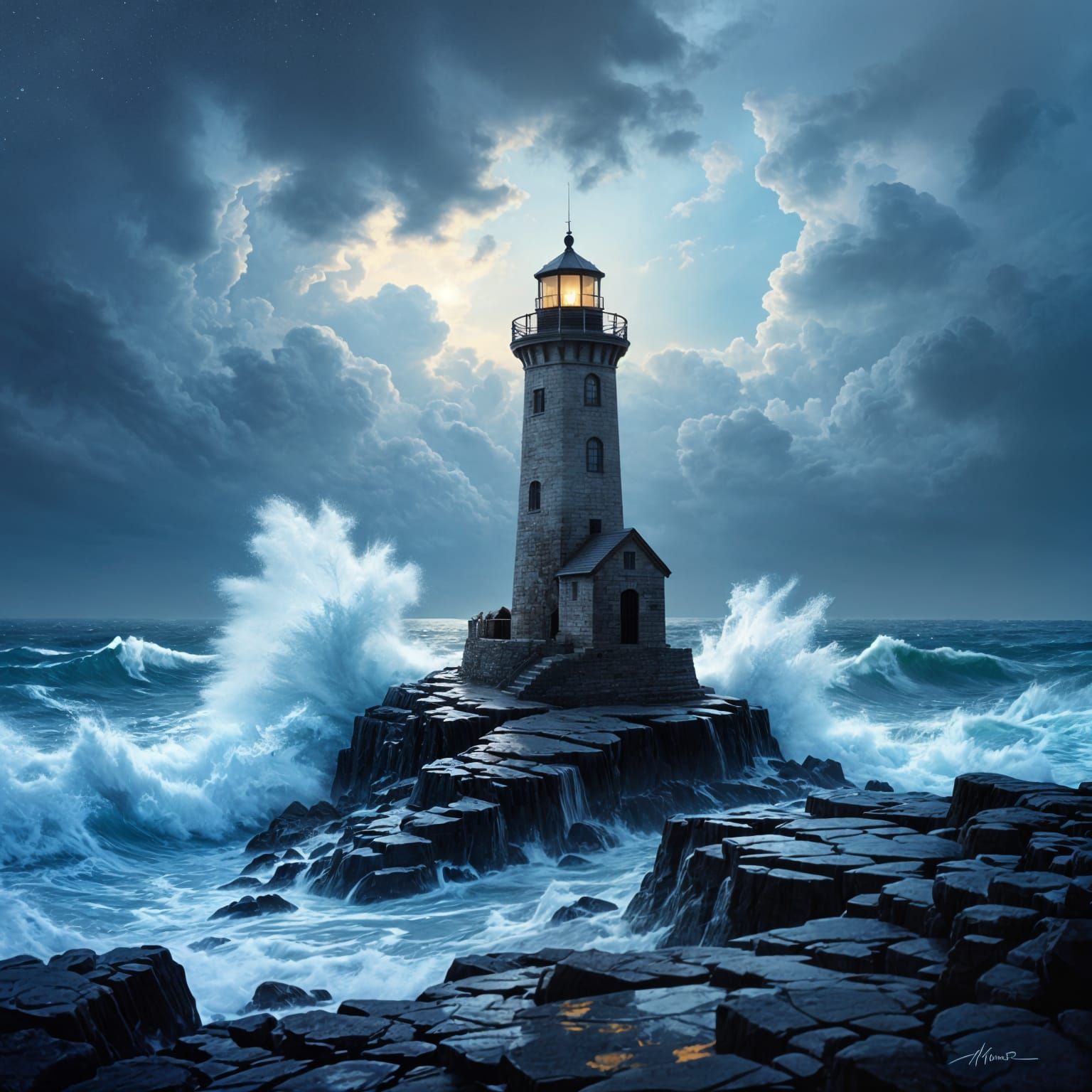 Lighthouse in Stormy Seas, Moody Oil Painting