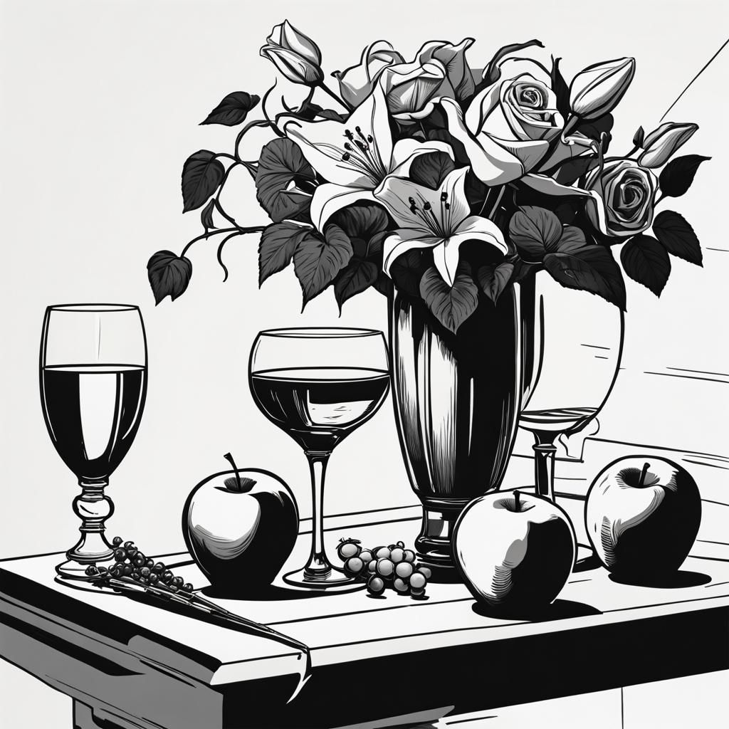 Monochrome Still Life with Roses and Lilies in Comic Style