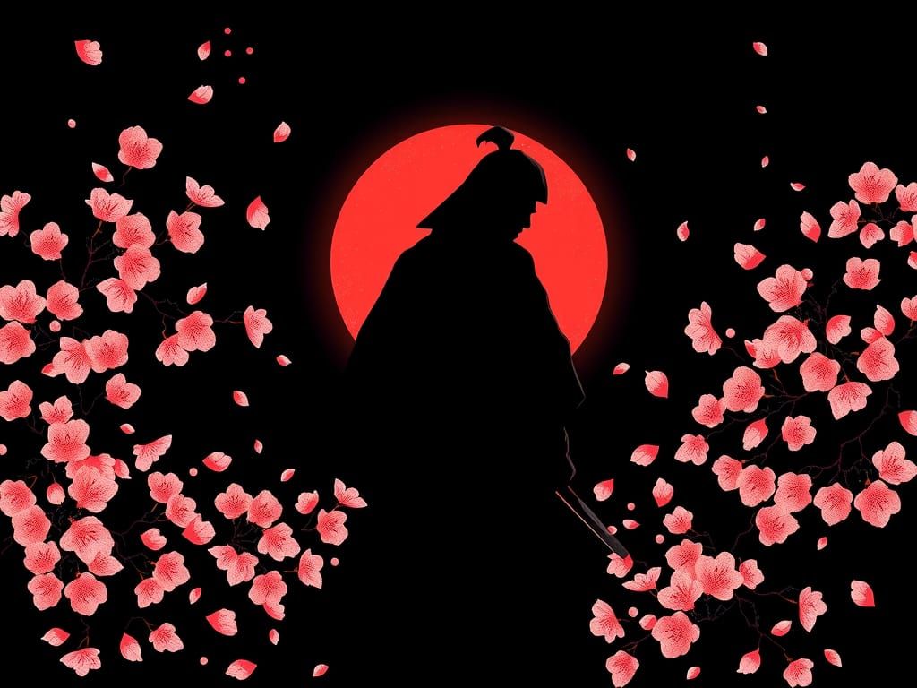 Samurai Silhouette with Rising Sun in Ukiyo-e Style