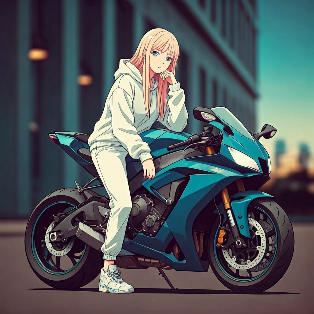 Anime Girl on Sport Bike in Dreamy Surrealism Style