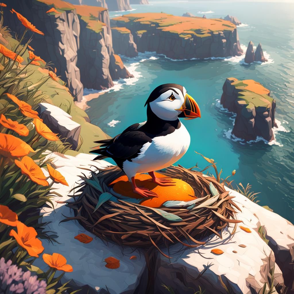 Puffin on Cliffside Nest: Detailed Concept Art