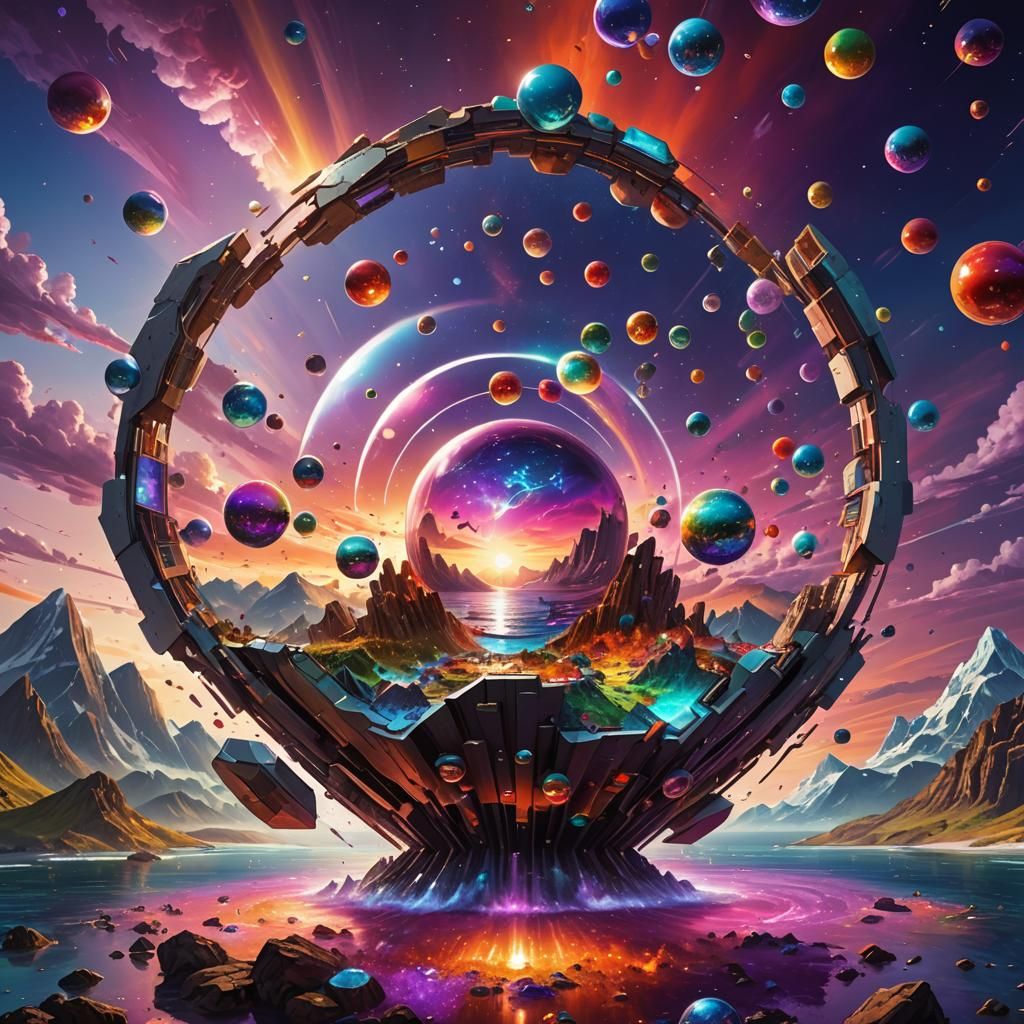 Futuristic Cityscape with Rainbow Light, Digital Art