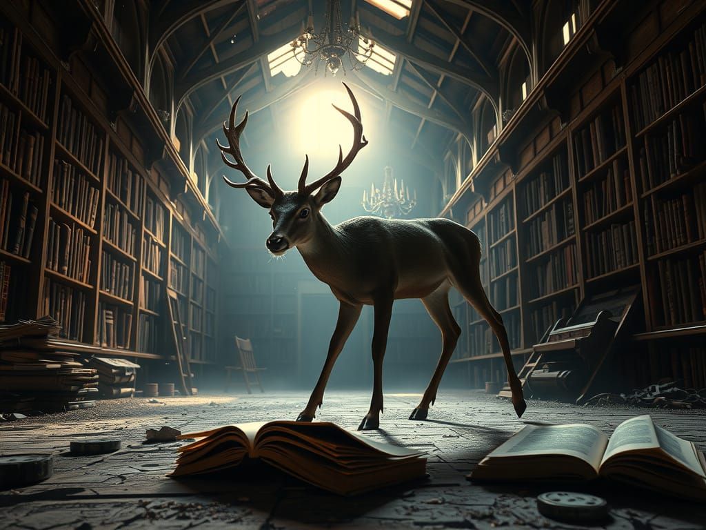 Majestic Deer in Ancient Library Ruins