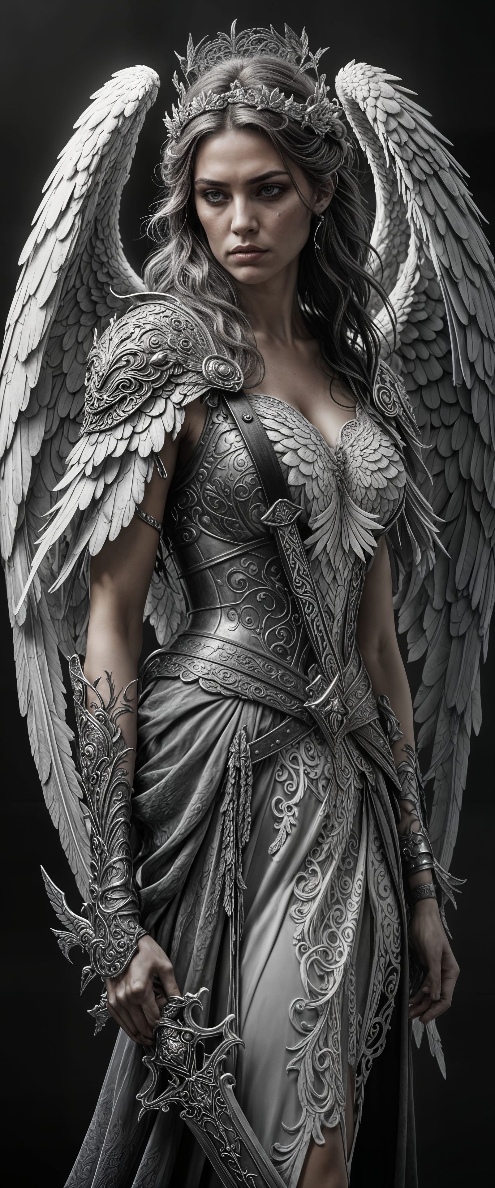 Monochrome Portrait of Angelic Warrior with Sword