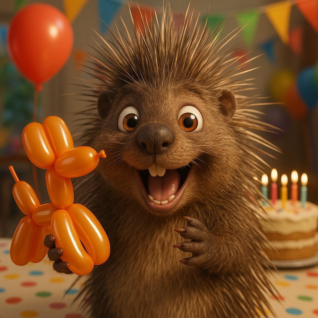 Excited Porcupine Holds Balloon Dog at Party