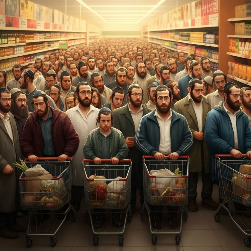 Realistic Digital Painting of Crowded Israeli Supermarket Qu...