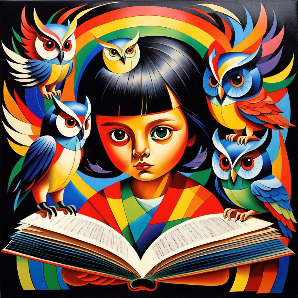 Child Reading Pop-Up Book with Owls, in Cubist Style