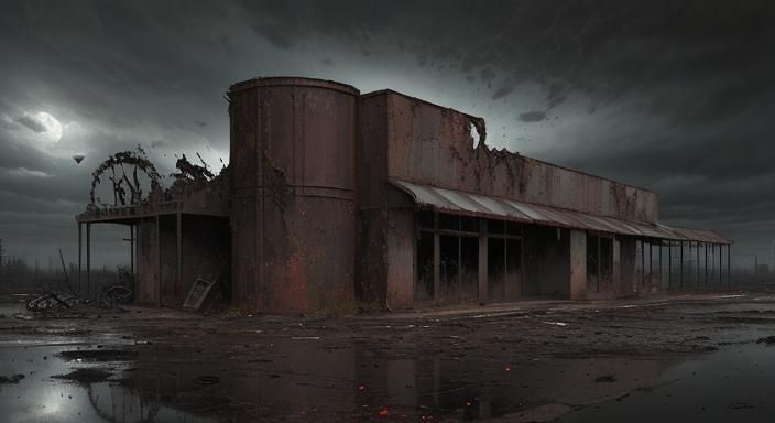 Eerie Abandoned Filling Station in Gritty Horror Style