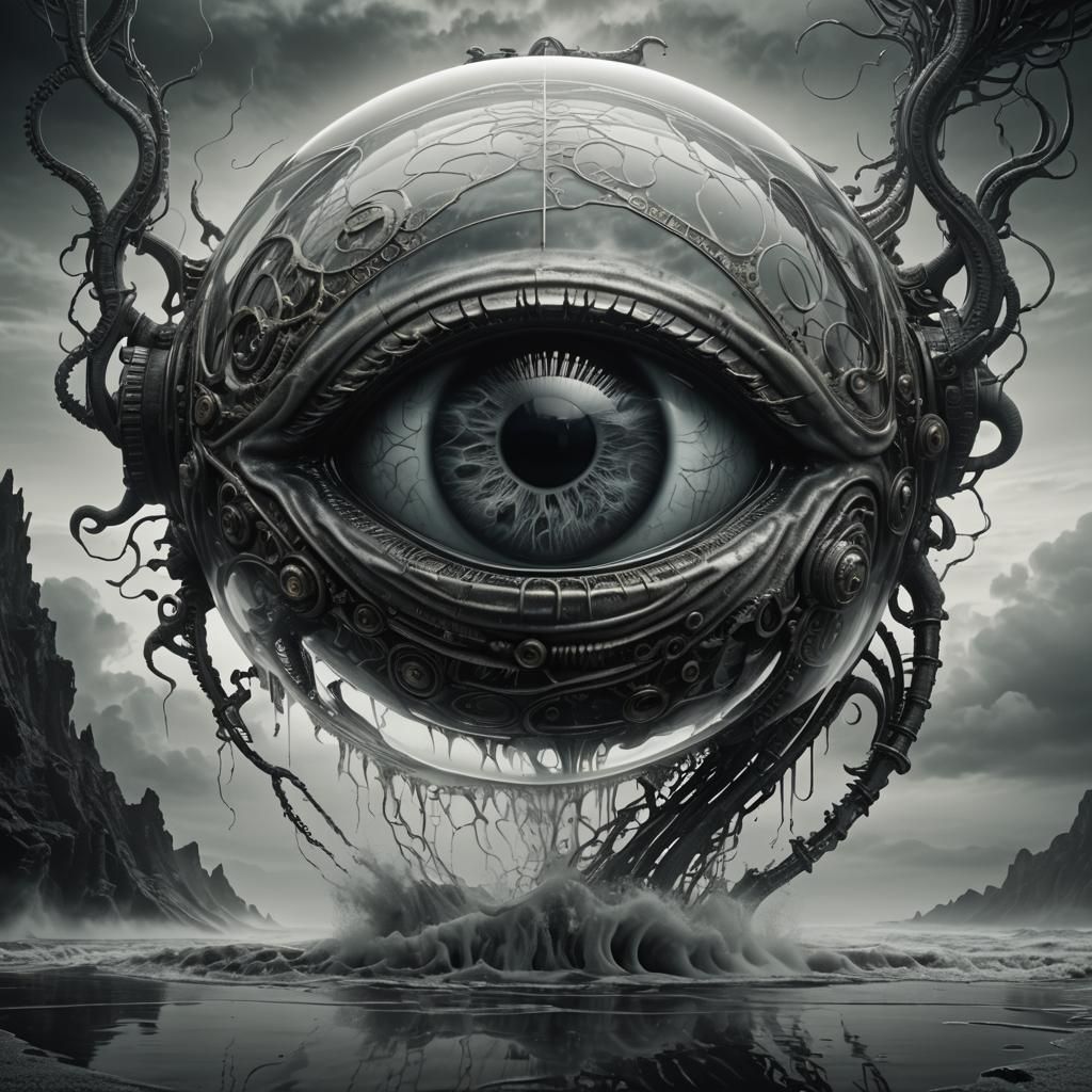 Surreal Glass 'A' with Eye and Brain, Giger-Inspired