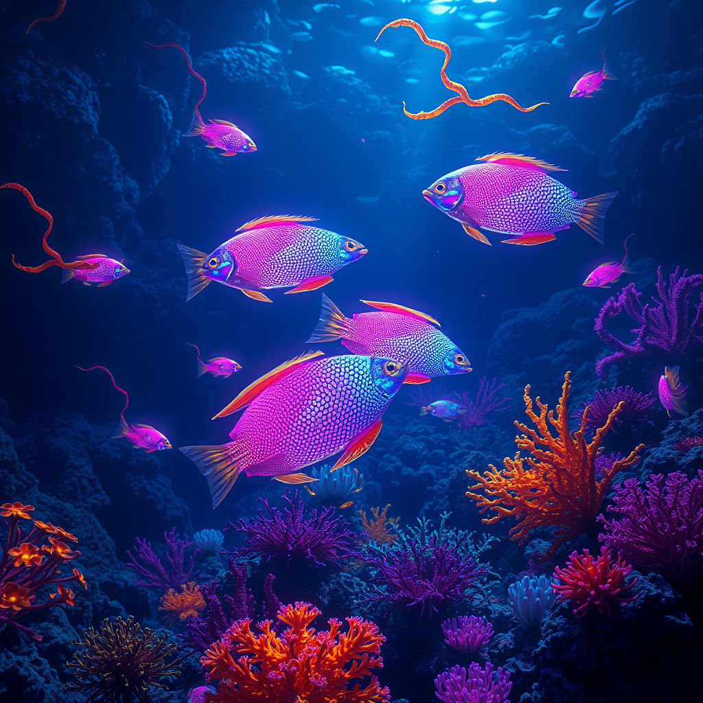 Neon Fishes Shimmering in Bioluminescent Coral Reef