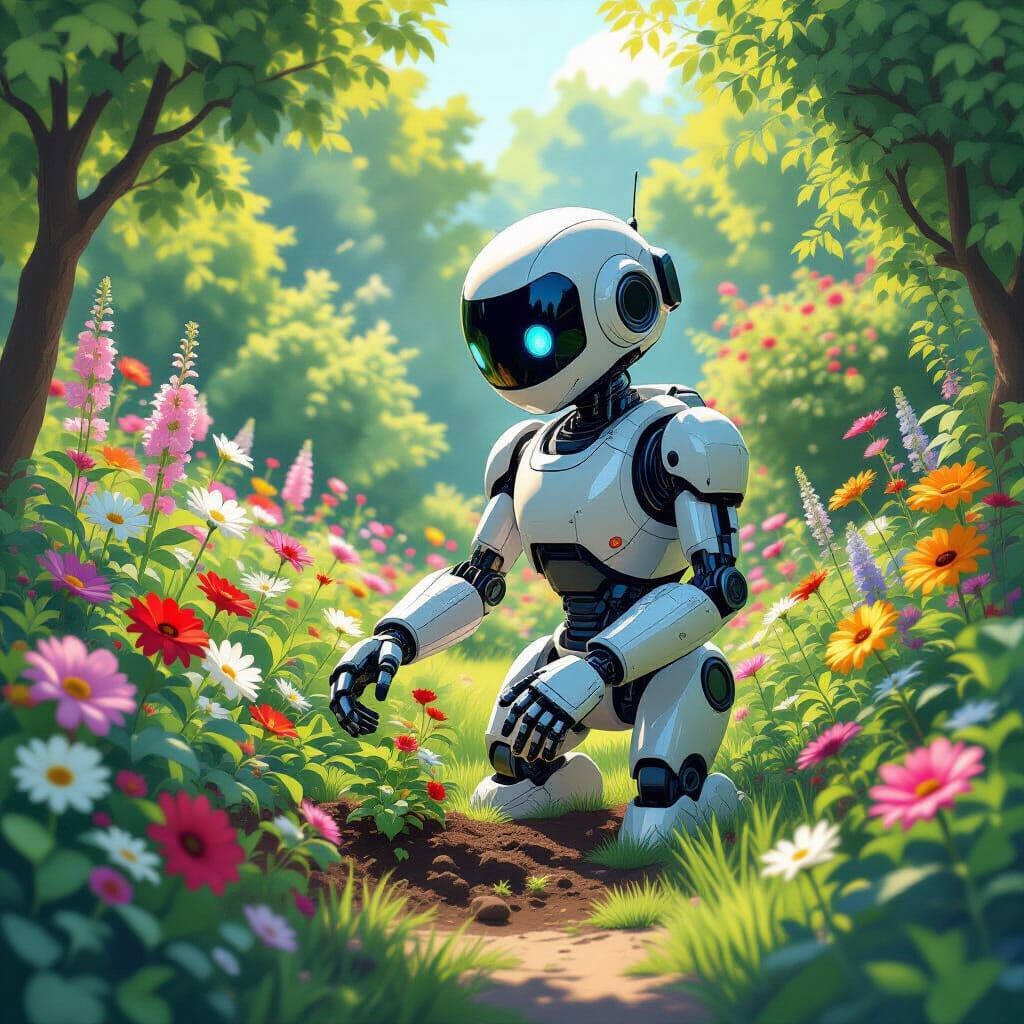 Robot Gardener in Lush Blooming Garden