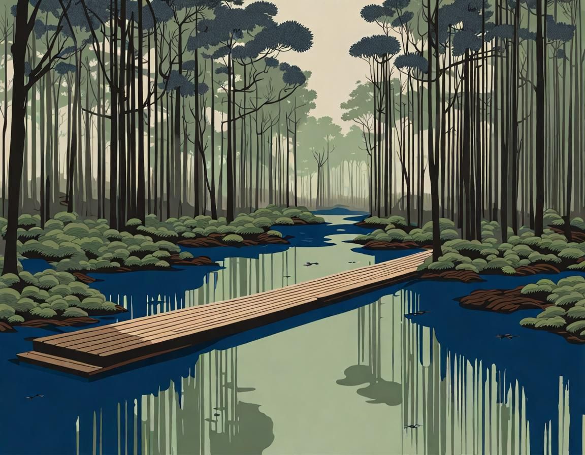 Minimalist Mangrove Swamp in Ukiyo-e Style