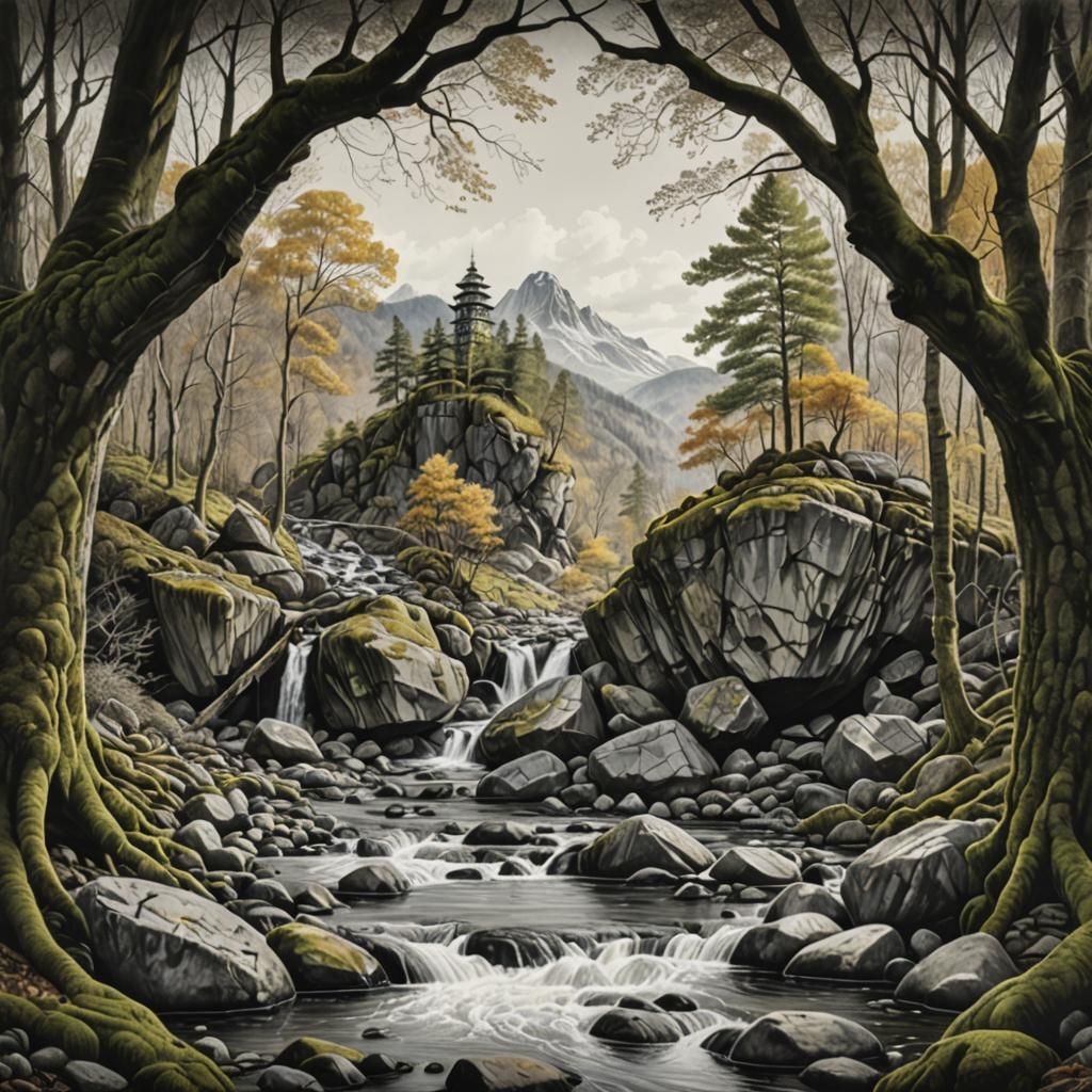 Serene Mountain River in Pencil Drawing Style