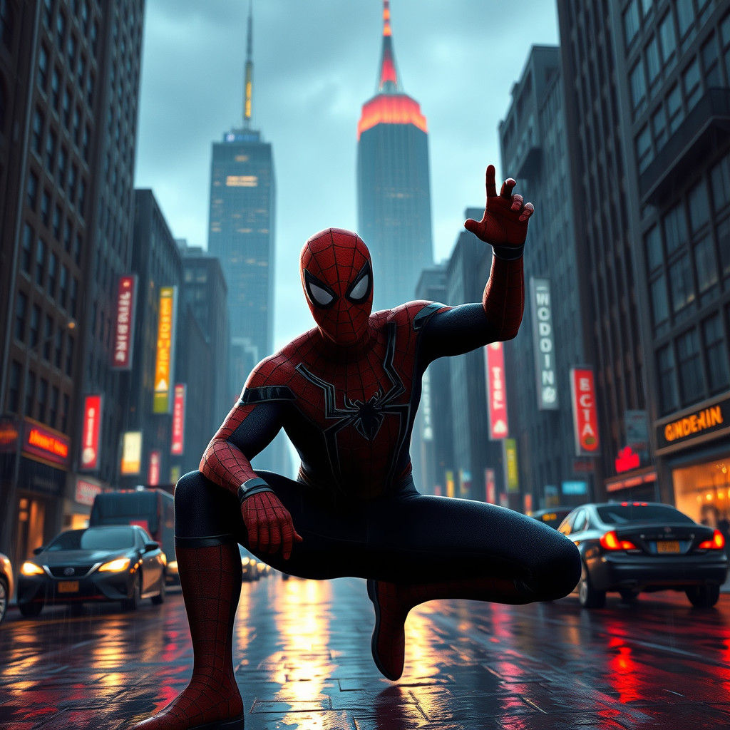 Spiderman Poses Heroically on Gritty City Street