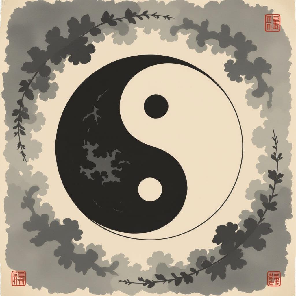 Yin Yang in Chinese Ink Wash Style