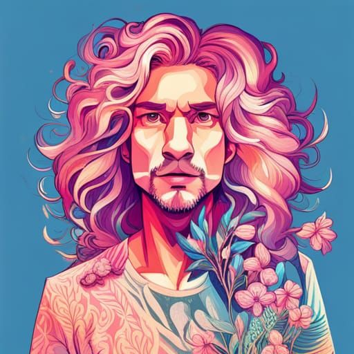 Lion Portrait with Flowers in Inkpunk Style