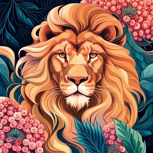 Lion Portrait with Flowers in Digital Art Style