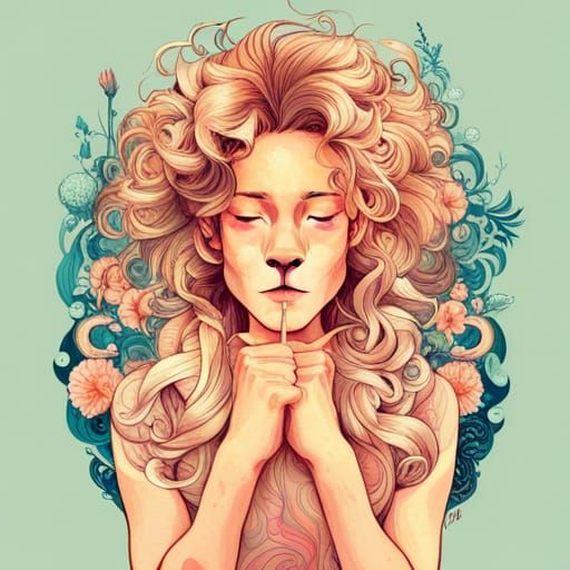Lion Portrait with Floral Mane in Digital Art Style