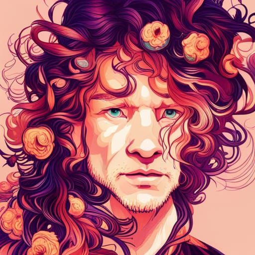 Lion Portrait with Floral Mane in Digital Art Style