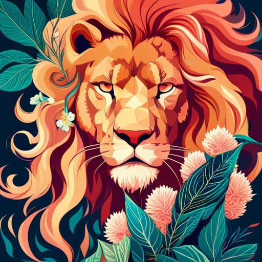 Lion Portrait with Flowers in Inkpunk Style