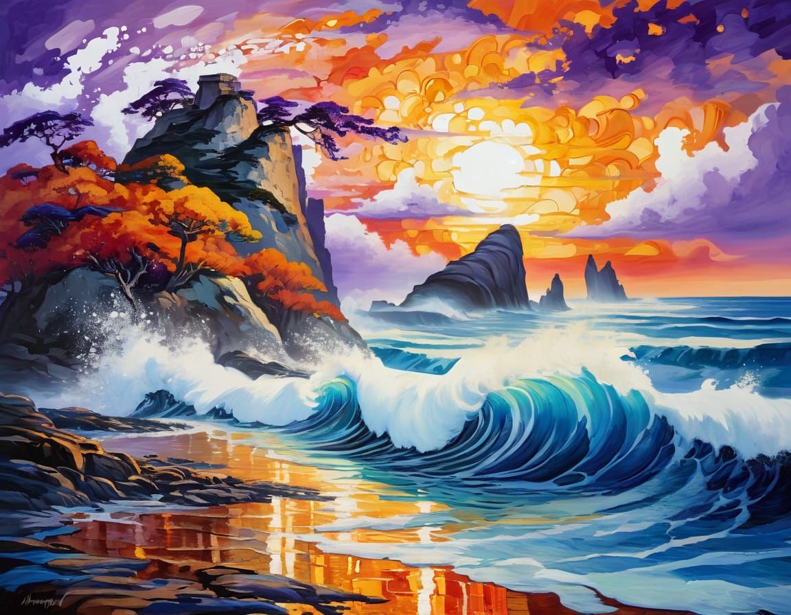 Ethereal Ocean Waves Crash Against Ancient Rock Formations