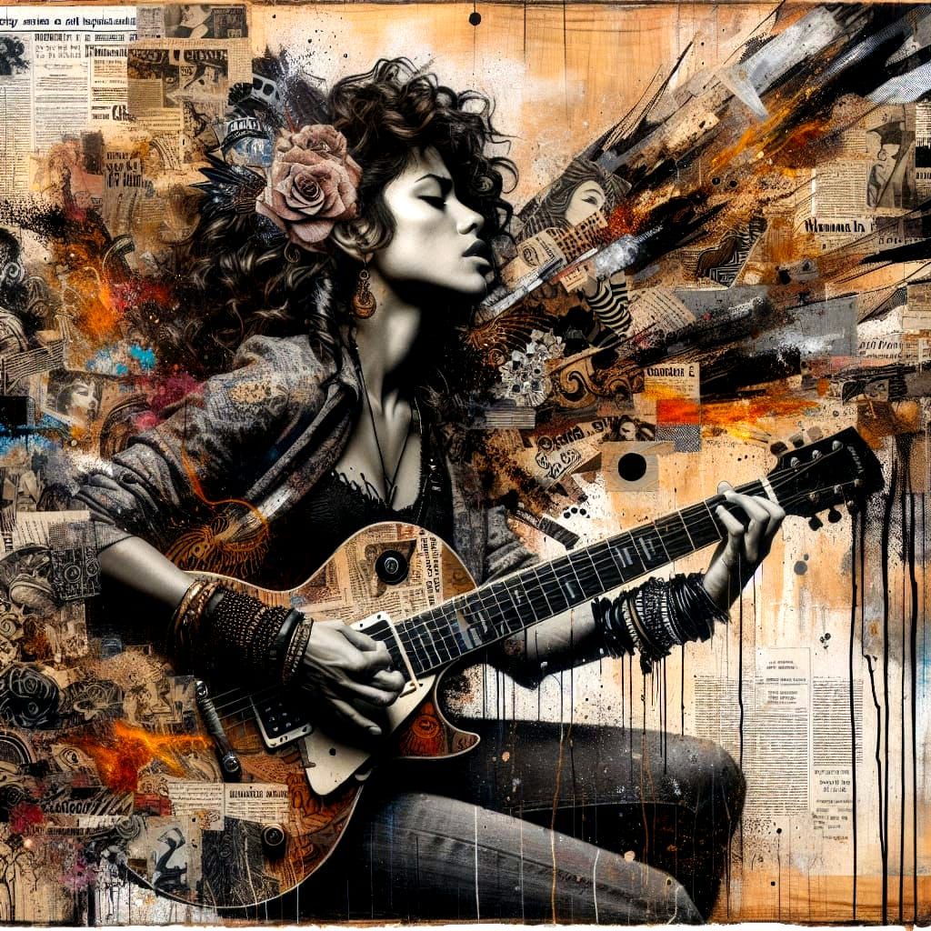 Latina Woman in Punk Rock Collage on Distressed Wooden Canva...