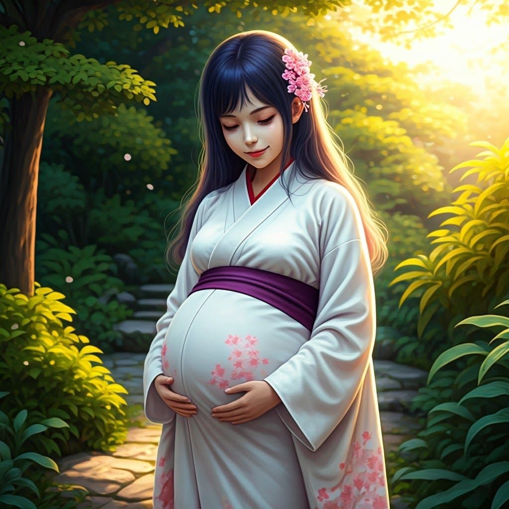 Pregnant Sadako in Sunlit Japanese Garden