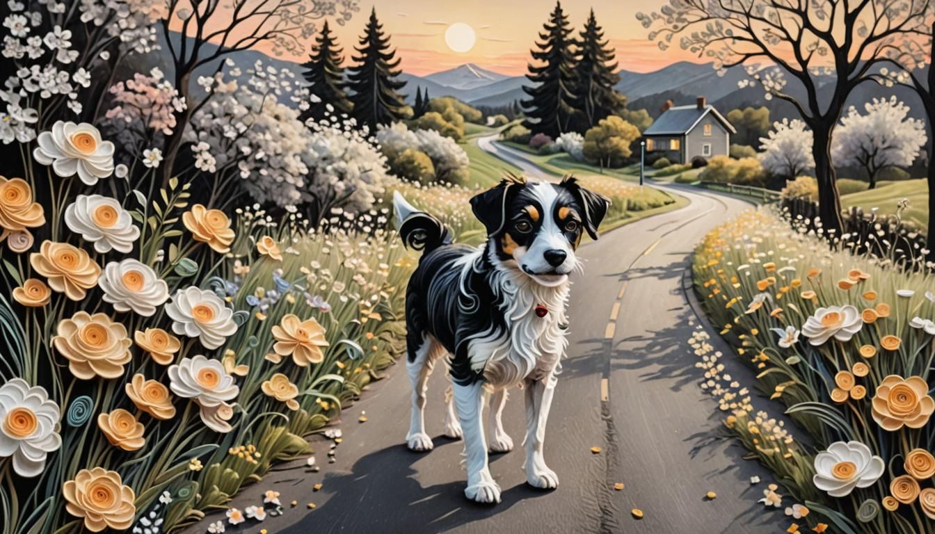 Quilled Pastel Drawing of Black and White Dog