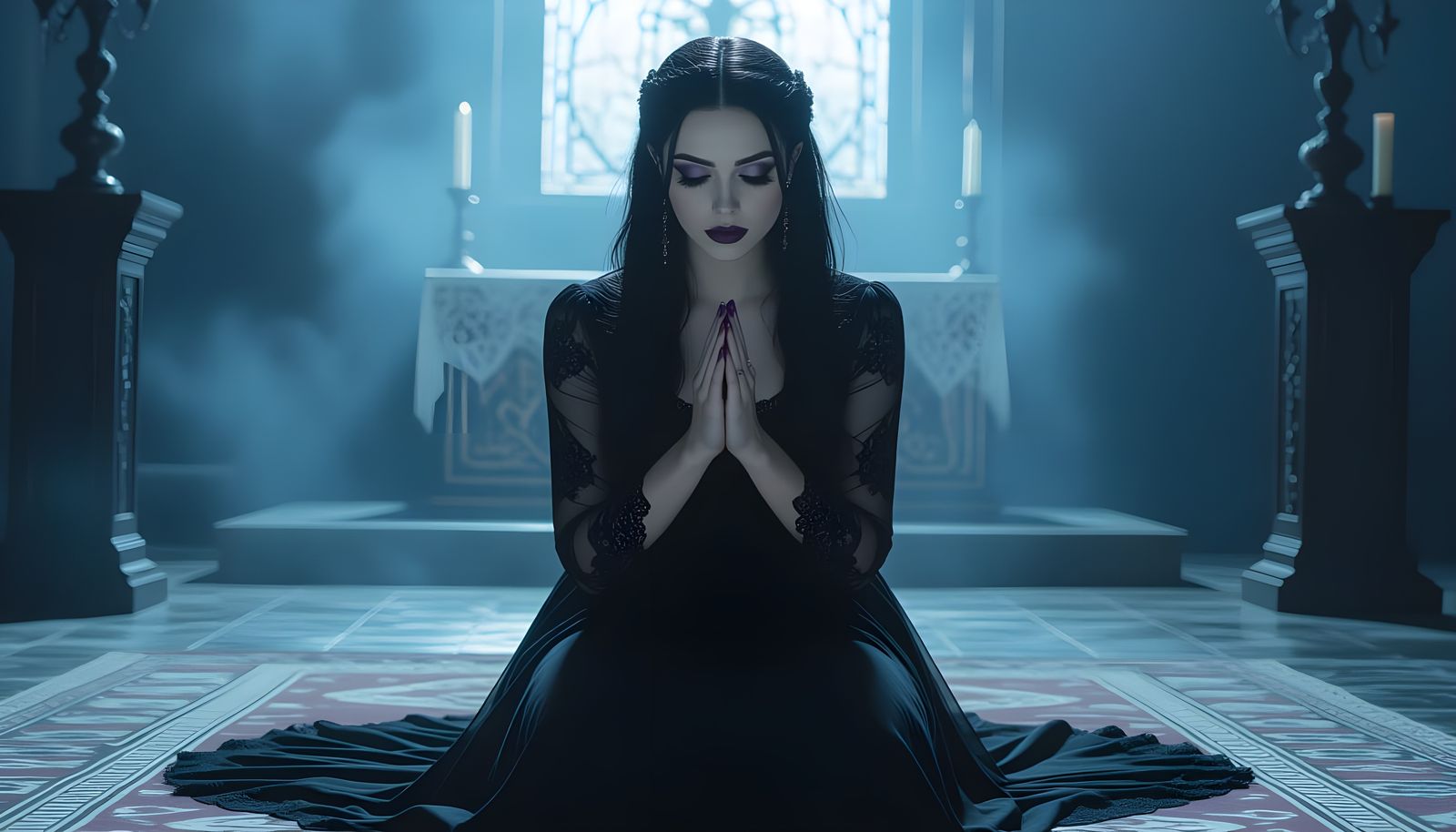 Cute Goth Girl Praying at Altar in Cinematic Style