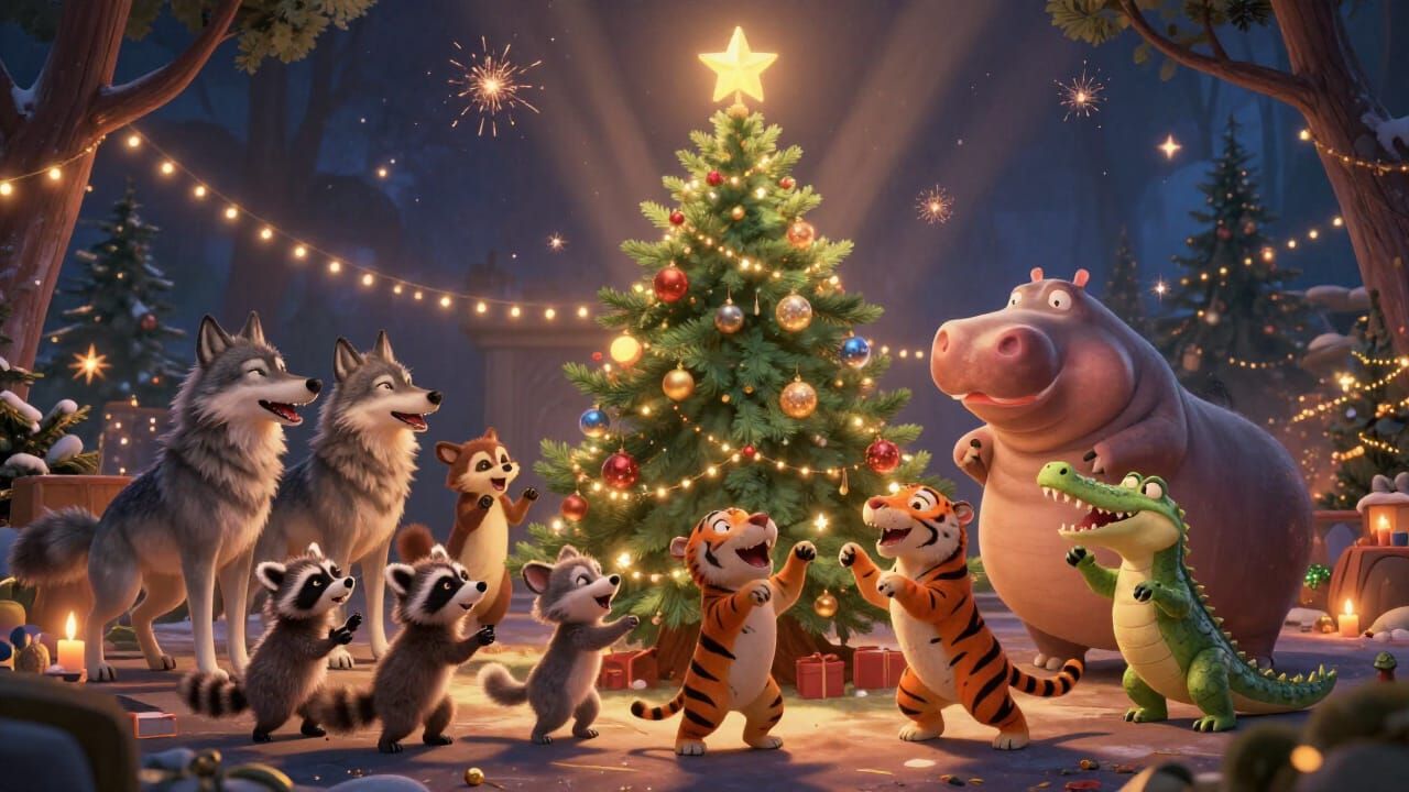 Whimsical Animals Celebrate Christmas Around a Tree