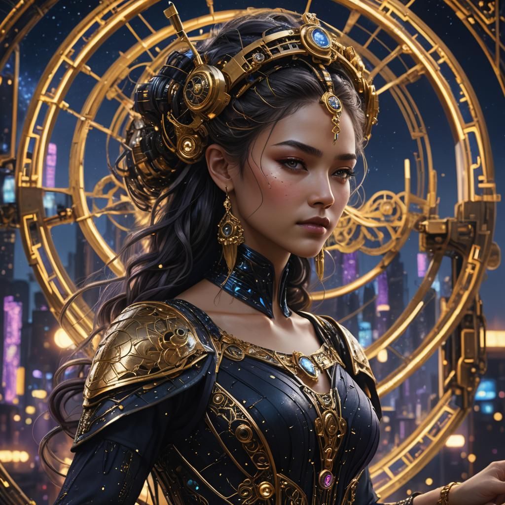 Goddess of Beauty Weaving in Cyberpunk City