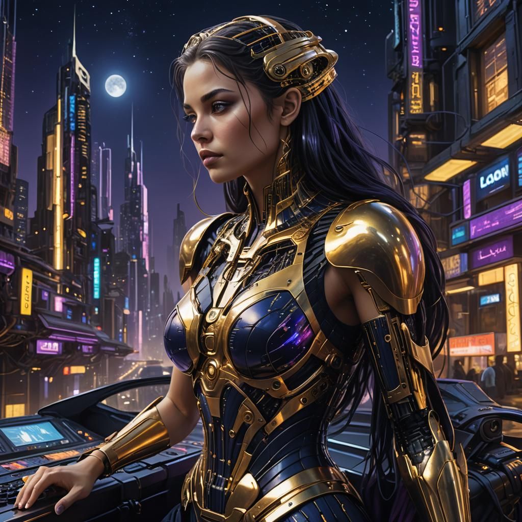 Goddess Weaving Loom in Cyberpunk City