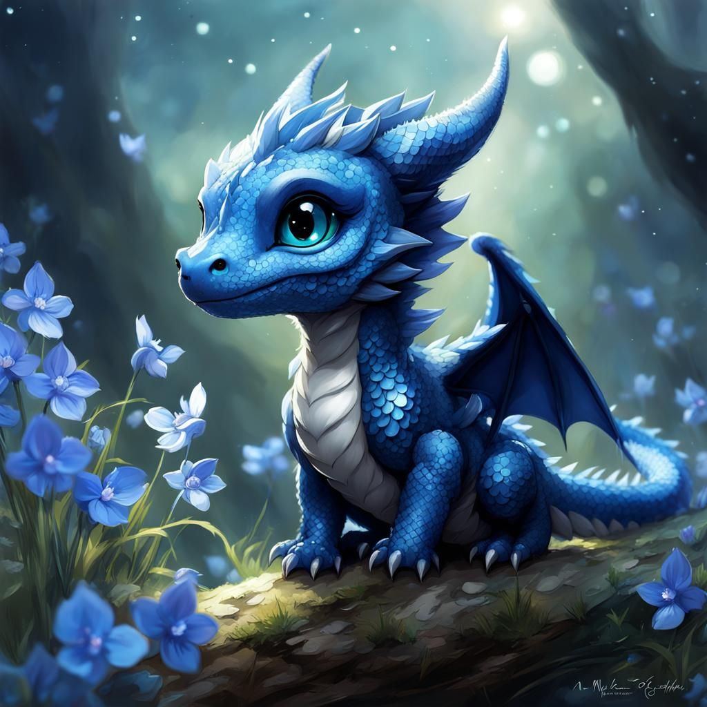 Cute Chibi Dragon with Bluebells, Digital Art