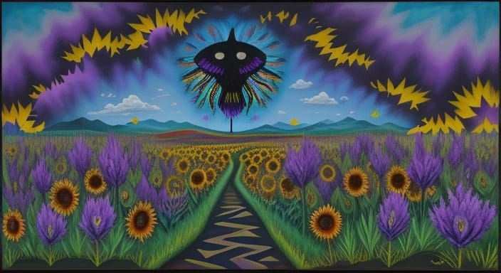 Surreal Dark Meadow with Eerie Creatures and Flowers