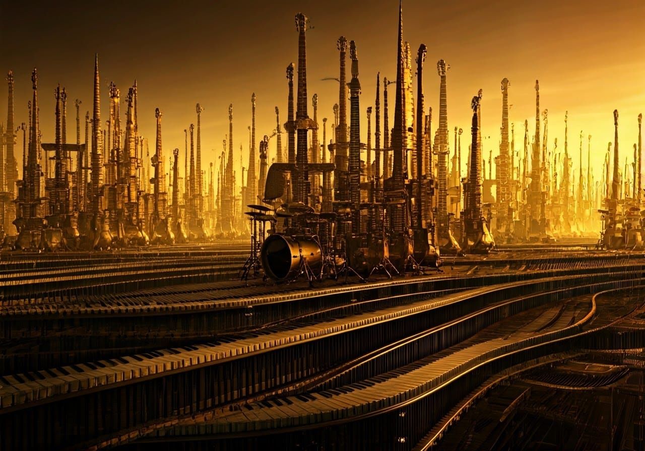 Ethereal Cityscape of Musical Marvels in Golden Light