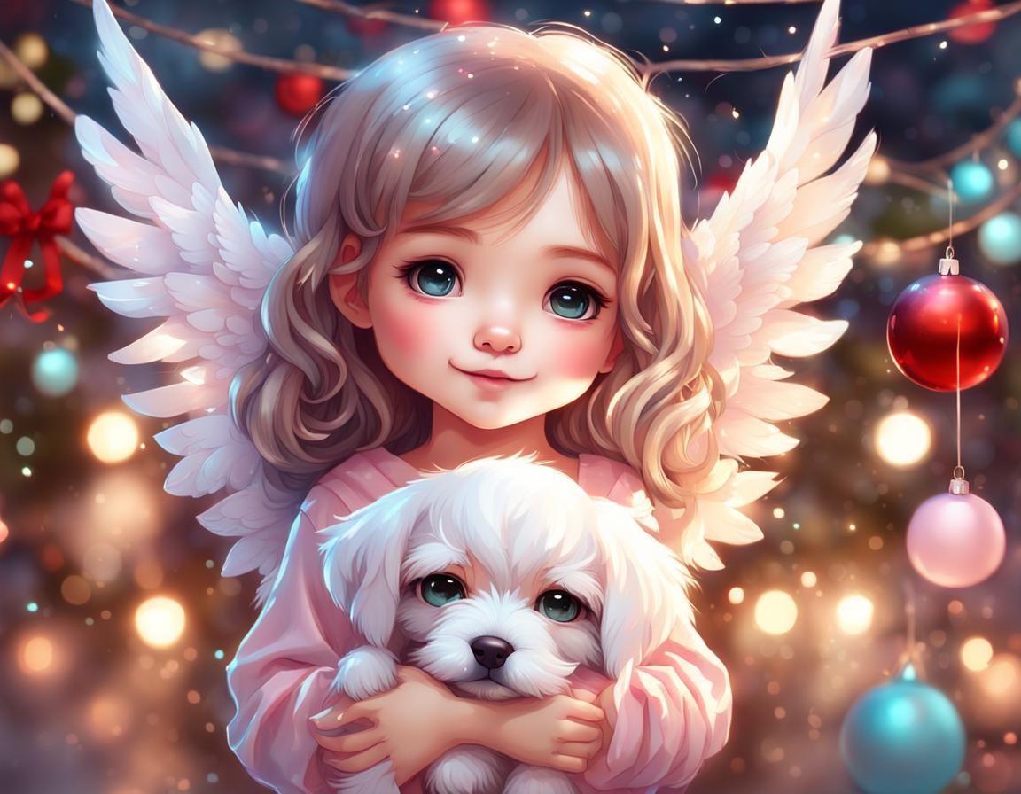 Chibi Angel Girl with Puppy in Pastel Colors