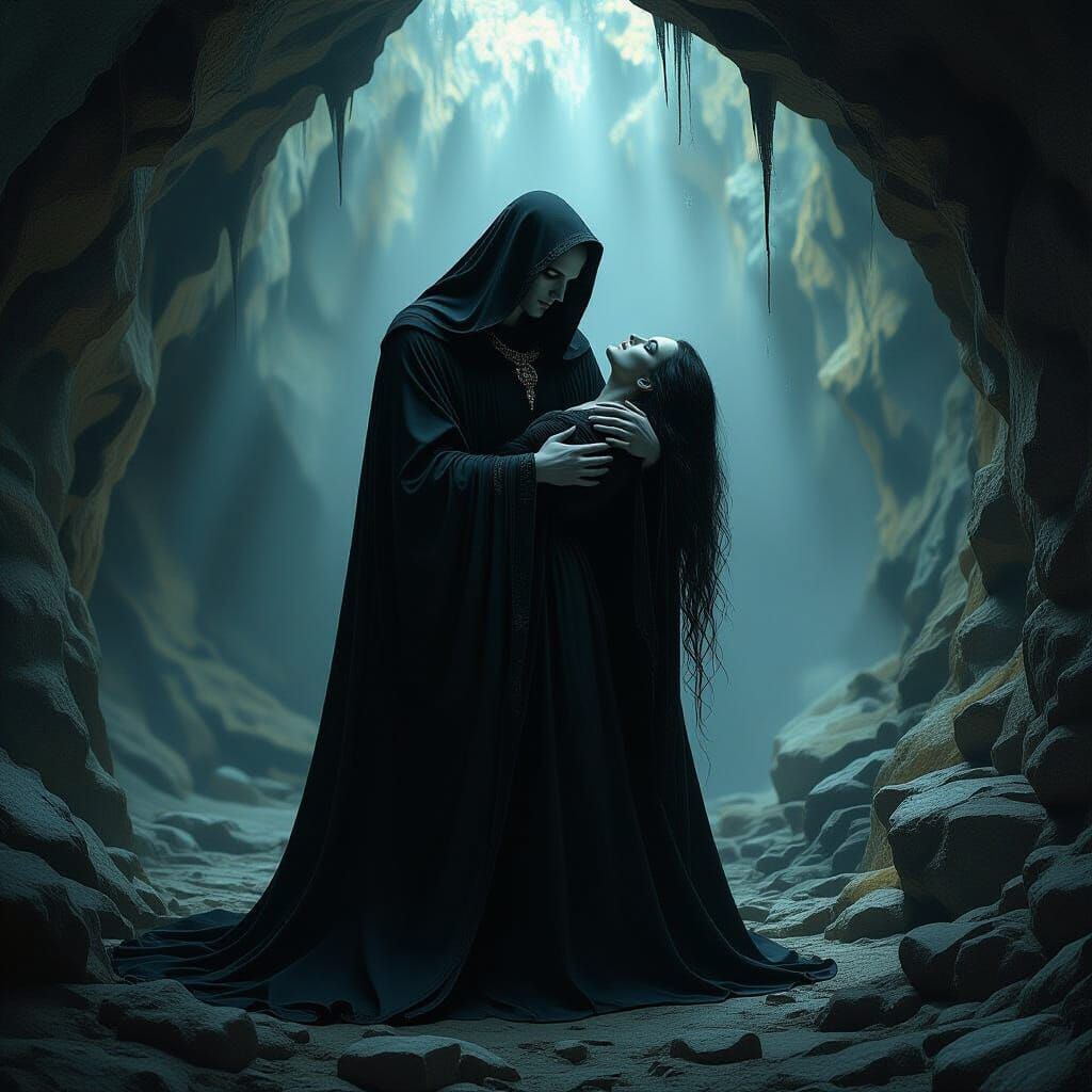 Vampire with Deceased Woman in Cave, Celestial Light