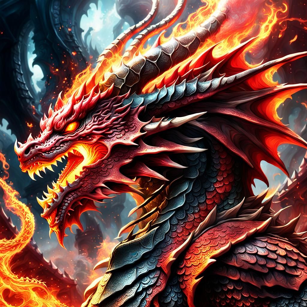 Majestic Red Fire Dragon in Detailed Matte Painting