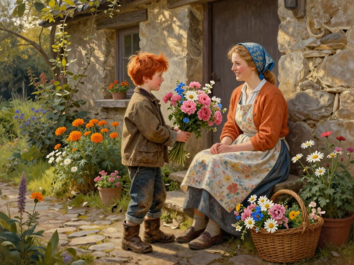 Boy Gives Flowers to Mom Outside Cottage